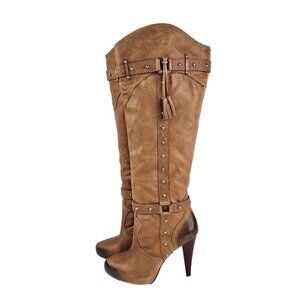 Gianni Bini Brown Leather Studded Tassel Tall High Heel Boots Women's Size 9 M